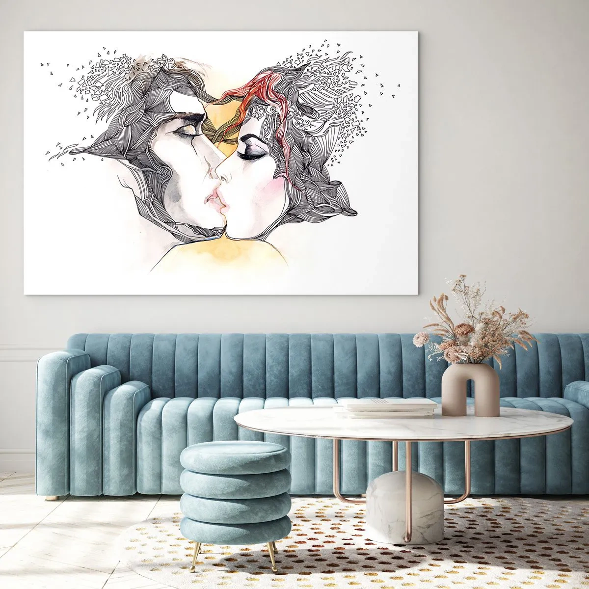 Tablou pe sticlă - Cuplu abstract sărutându-se cu modele artistice - 70x50cm - Lumea nu există - Decorațiune modernă pentru perete pentru living și dormitor ARTTOR