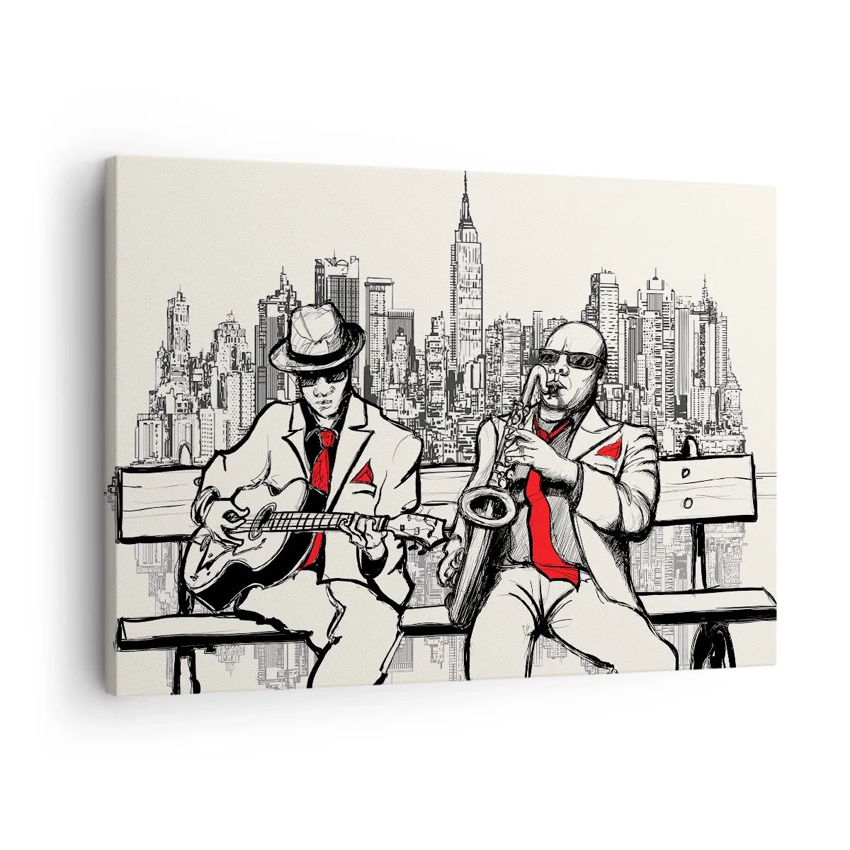 Tablou pe pânză Canvas - Un duo de jazz cu saxofon și chitară pe fundalul orașului - 70x50cm - Improvizație la New York - Decorațiune modernă pentru perete pentru living și dormitor ARTTOR