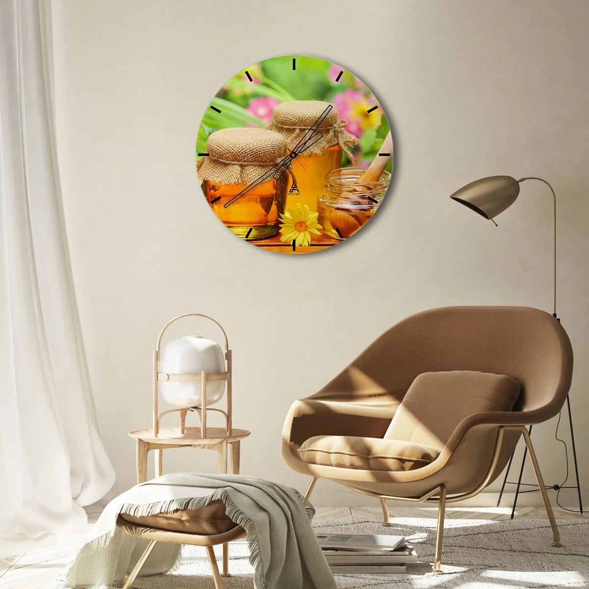 Ceas de perete - Ceas pe sticlă - Borcane de miere și o lingură de lemn pe un fundal de flori - 30x30cm - Dulce și florală - Decorațiune modernă pentru perete pentru living, bucătărie și dormitor ARTTOR