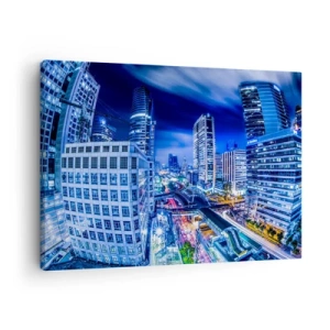 Tablou pe pânză Canvas - Panoramă a orașului nocturn cu zgârie-nori și lumini stradale - 70x50cm - Ritmurile orașului de noapte - Decorațiune modernă pentru perete pentru living și dormitor ARTTOR