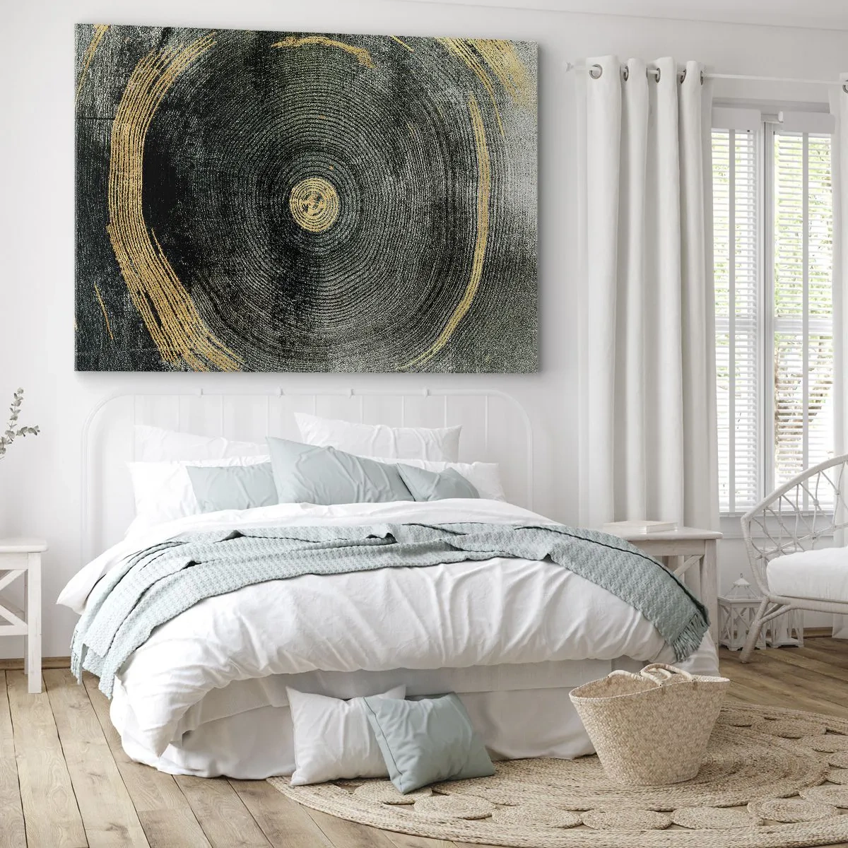 Tablou pe pânză Canvas - Cercuri concentrice cu accente aurii - 70x50cm - Schimbare și persistență - Decorațiune modernă pentru perete pentru living și dormitor ARTTOR