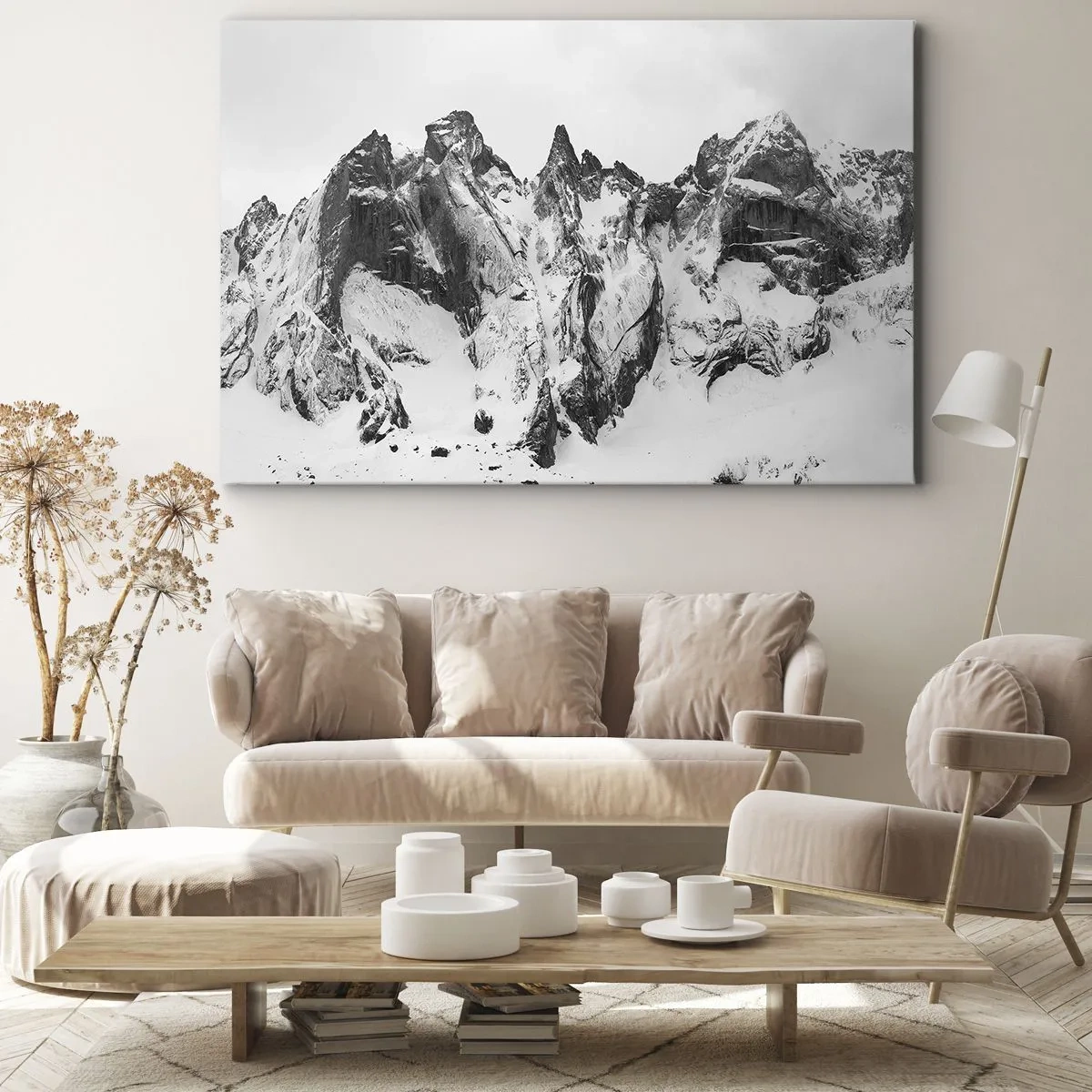 Tablou pe pânză Canvas - Vârfuri de munte acoperite de zăpadă în alb și negru - 70x50cm - Amenințarea crestei de granit - Decorațiune modernă pentru perete pentru living și dormitor ARTTOR