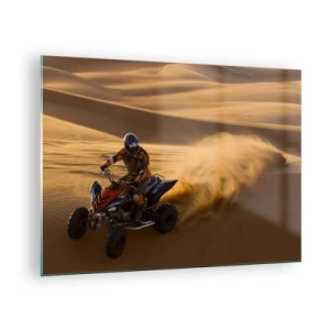 Tablou pe sticlă - ATV în acțiune în deșert la apus - 70x50cm - Pe valuri de nisip - Decorațiune modernă pentru perete pentru living și dormitor ARTTOR