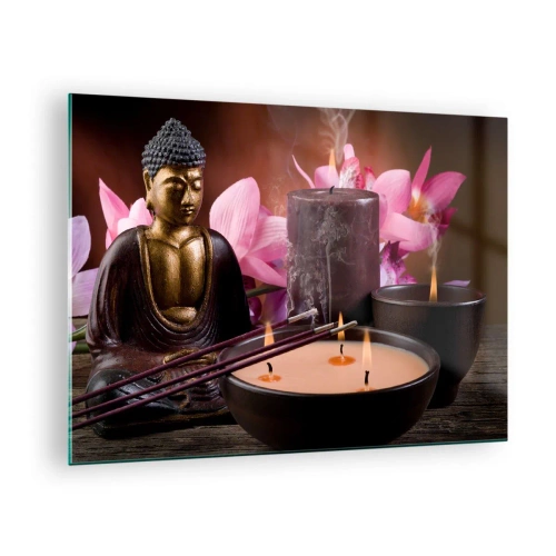 Tablou pe sticlă - Compoziție de relaxare cu Buddha, lumânări și flori - 70x50cm - Eliberați mintea, calmați corpul - Decorațiune modernă pentru perete pentru living și dormitor ARTTOR