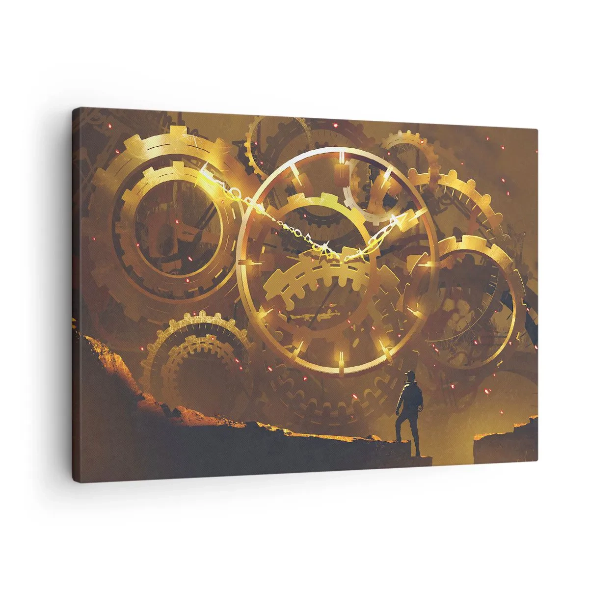 Tablou pe pânză Canvas - Angrenaje aurii într-un decor suprarealist cu o figură - 70x50cm - La sursa timpului - Decorațiune modernă pentru perete pentru living și dormitor ARTTOR