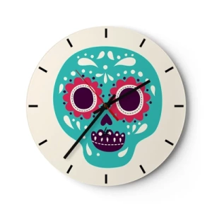 Ceas de perete - Ceas pe sticlă - Craniu colorat în stil mexican pe un fundal deschis - 30x30cm - Viața - distracție până la moarte - Decorațiune modernă pentru perete pentru living, bucătărie și dormitor ARTTOR