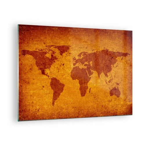 Tablou pe sticlă - O hartă a lumii în culori calde, în tonuri sepia - 70x50cm - Invitație la o călătorie - Decorațiune modernă pentru perete pentru living și dormitor ARTTOR