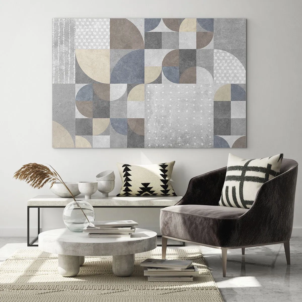 Tablou pe sticlă - Compoziție geometrică abstractă cu diverse forme și nuanțe de gri. - 70x50cm - Fantezie ceramică - Decorațiune modernă pentru perete pentru living și dormitor ARTTOR