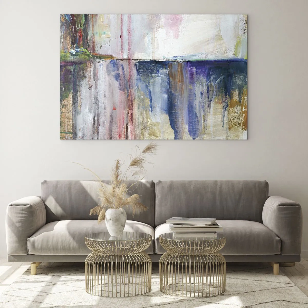 Tablou pe sticlă - O abstracție colorată cu dungi și texturi dinamice de vopsea. - 70x50cm - Impresii și asociații colorate - Decorațiune modernă pentru perete pentru living și dormitor ARTTOR