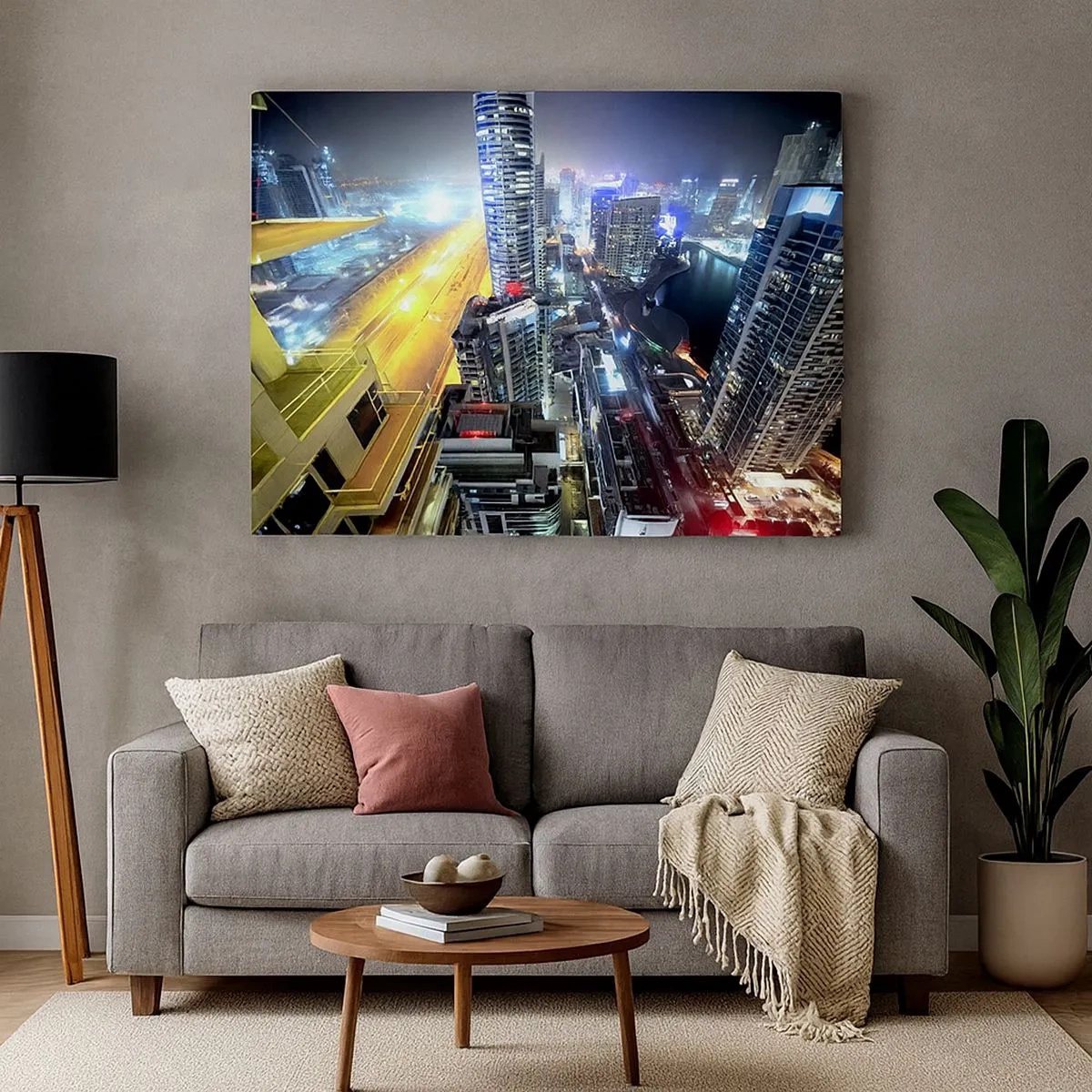 Tablou pe pânză Canvas - Panoramă a orașului nocturn cu zgârie-nori iluminați - 70x50cm - Un miracol în deșert - Decorațiune modernă pentru perete pentru living și dormitor ARTTOR