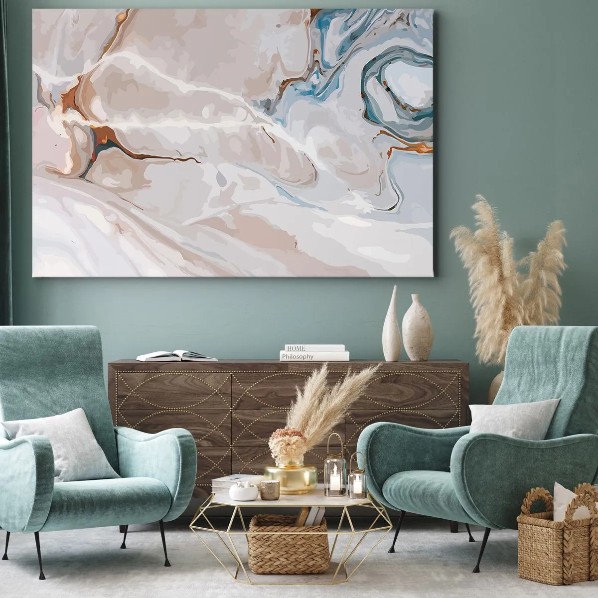 Tablou pe pânză Canvas - Model abstract în nuanțe de alb și albastru - 70x50cm - Meandre albastre sub alb - Decorațiune modernă pentru perete pentru living și dormitor ARTTOR