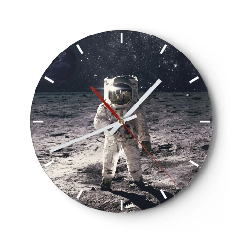 Ceas de perete - Ceas pe sticlă - Astronautul pe suprafața lunară - 30x30cm - Salutări de pe Lună - Decorațiune modernă pentru perete pentru living, bucătărie și dormitor ARTTOR