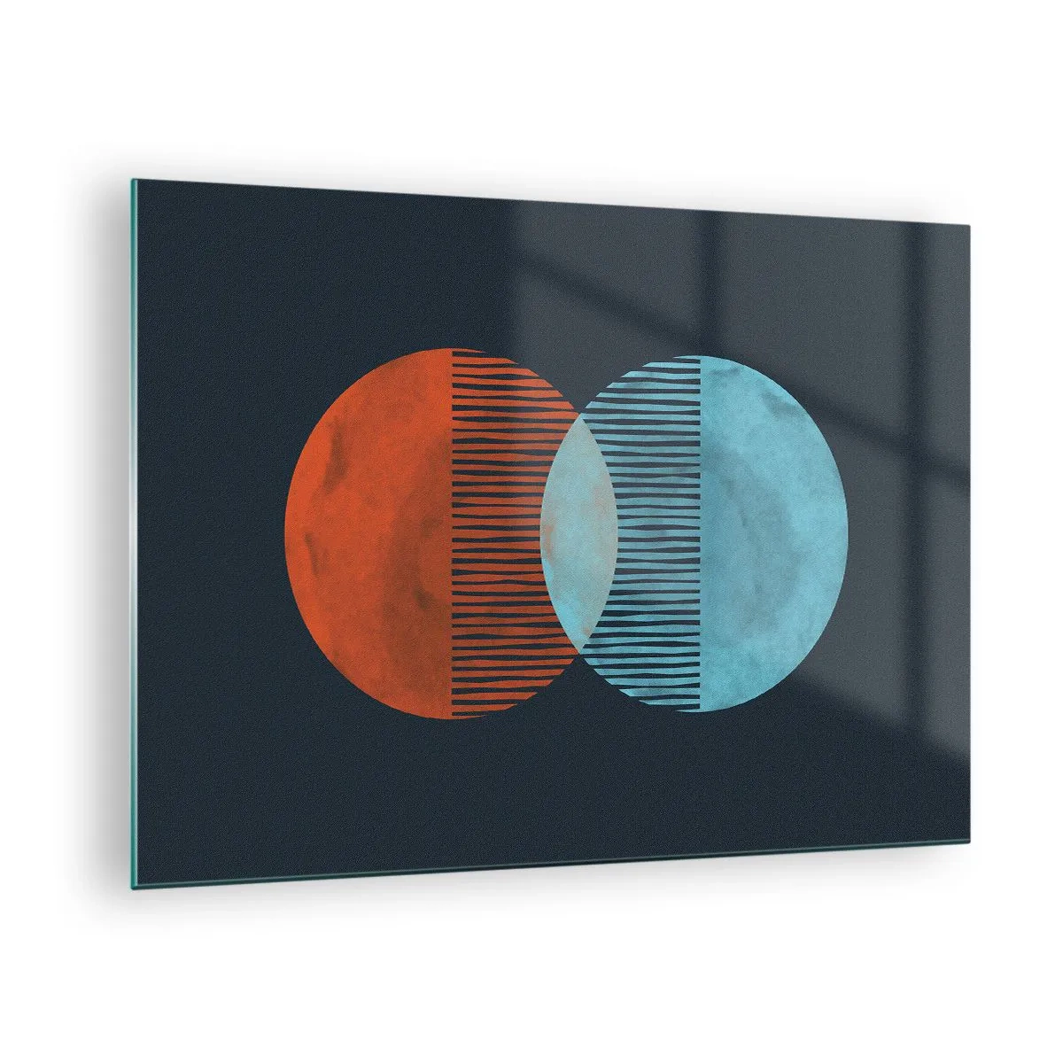 Tablou pe sticlă - Două planete colorate care se intersectează cu un model geometric - 70x50cm - Fantezie astronomică - Decorațiune modernă pentru perete pentru living și dormitor ARTTOR