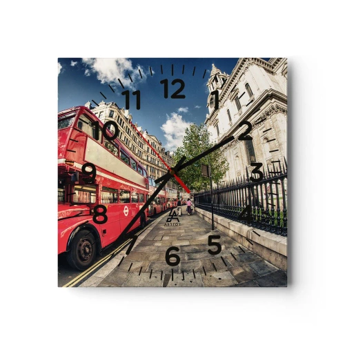 Ceas de perete - Ceas pe sticlă - Stradă din Londra în gri și roșu - 30x30 cm