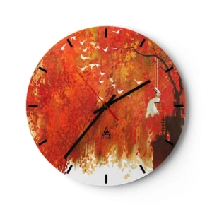 Ceas de perete - Ceas pe sticlă - Scenă de toamnă cu un leagăn înconjurat de frunze aurii și păsări - 30x30cm - Va zbura cu ei? - Decorațiune modernă pentru perete pentru living, bucătărie și dormitor ARTTOR