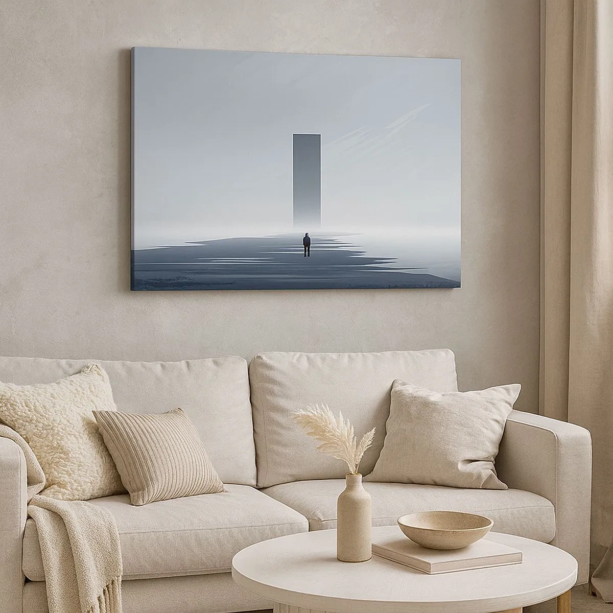Tablou pe pânză Canvas - Un peisaj minimalist cu o siluetă lângă un monolit dreptunghiular - 70x50cm - Oportunitate sau amenințare? - Decorațiune modernă pentru perete pentru living și dormitor ARTTOR