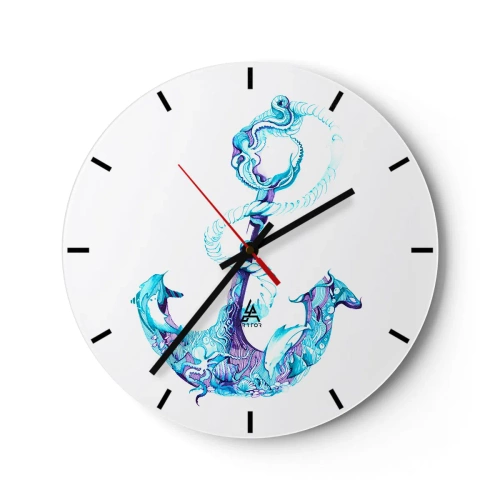 Ceas de perete - Ceas pe sticlă - Desen al unei ancore în culori nautice cu modele delicate - 30x30cm - Confidenta secretelor mării - Decorațiune modernă pentru perete pentru living, bucătărie și dormitor ARTTOR