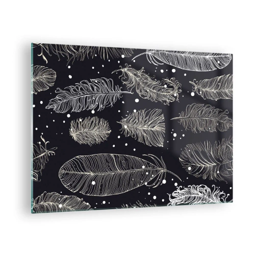 Tablou pe sticlă - Pene albe pe fundal negru cu detalii subtile - 70x50cm - Dantelă cu pene - Decorațiune modernă pentru perete pentru living și dormitor ARTTOR