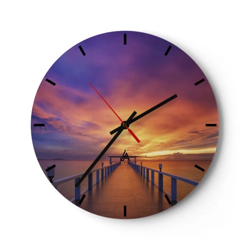 Ceas de perete - Ceas pe sticlă - Un dig lângă mare la apus, în culori calde - 30x30cm - Fără sfârșit - Decorațiune modernă pentru perete pentru living, bucătărie și dormitor ARTTOR