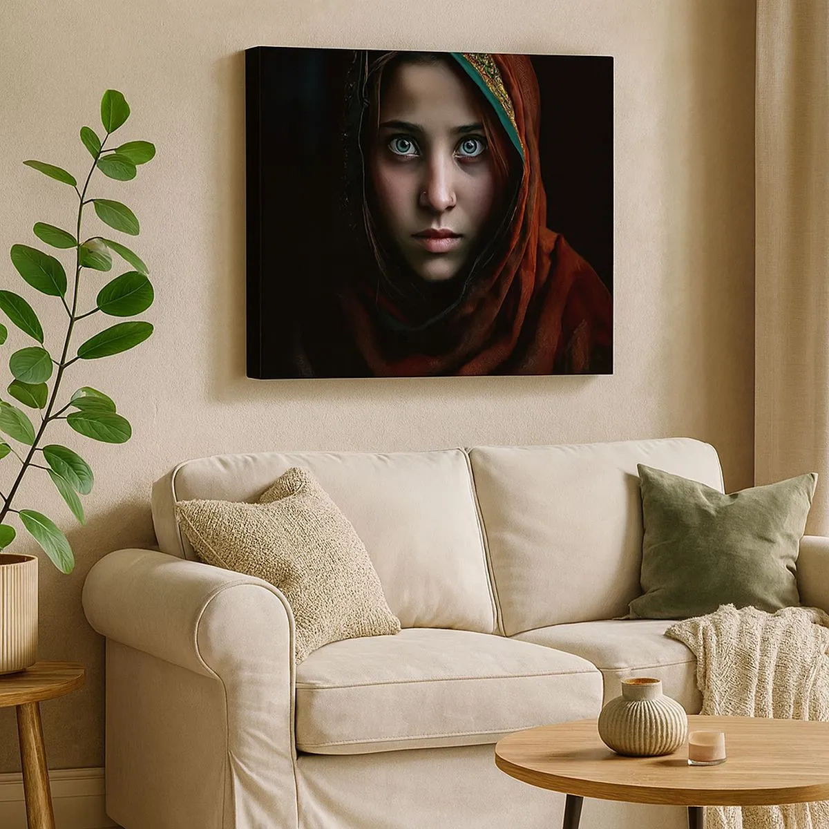 Tablou pe pânză Canvas - Portretul unei femei cu o privire intensă în culori calde - 70x50cm - Prințesa orientală - Decorațiune modernă pentru perete pentru living și dormitor ARTTOR