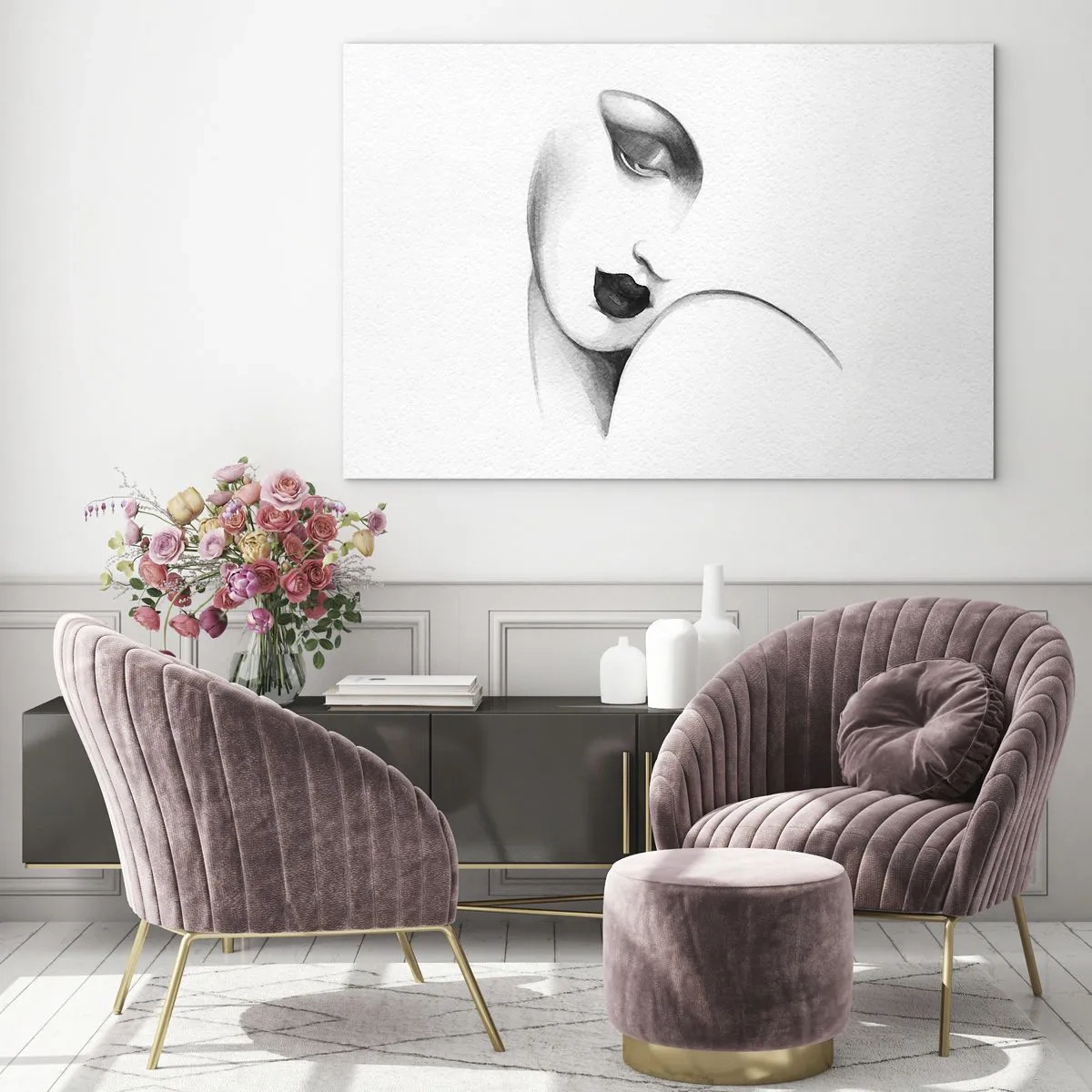 Tablou pe sticlă - Schiță Art Deco a feței unei femei în alb și negru - 70x50cm - În stilul Lempickei - Decorațiune modernă pentru perete pentru living și dormitor ARTTOR