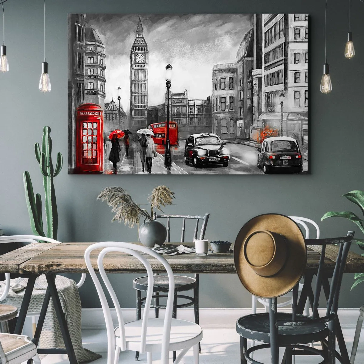 Tablou pe pânză Canvas - O scenă londoneză în alb și negru cu accente roșii - 70x50cm - Nu este deloc un oraș gri - Decorațiune modernă pentru perete pentru living și dormitor ARTTOR