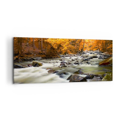 Tablou pe pânză - Un pârâu într-o pădure de aur - 120x50 cm