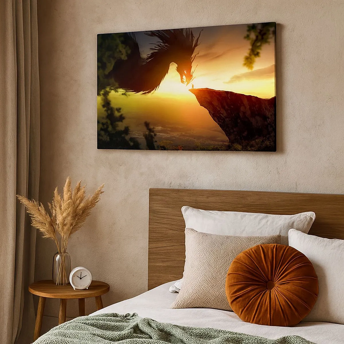Tablou pe pânză Canvas - Un dragon și un om pe o stâncă în strălucirea soarelui care apune - 70x50cm - Vânător de dragoni - Decorațiune modernă pentru perete pentru living și dormitor ARTTOR