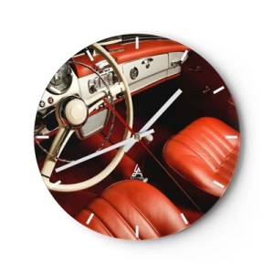 Ceas de perete - Ceas pe sticlă - Interiorul unei mașini clasice cu scaune roșii - 30x30cm - Lux în stil vintage - Decorațiune modernă pentru perete pentru living, bucătărie și dormitor ARTTOR