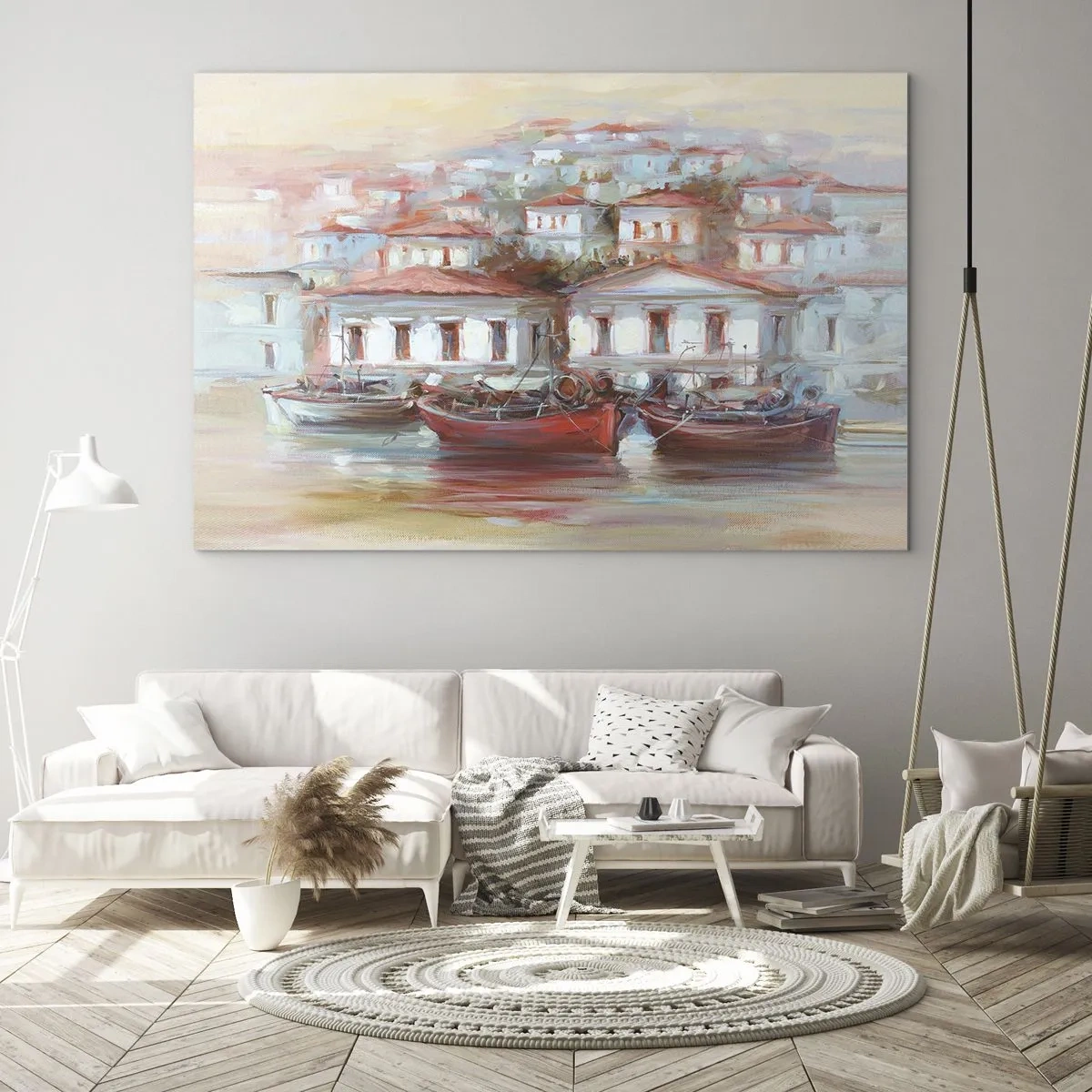 Tablou pe sticlă - Un oraș pitoresc cu bărci în port la apus - 70x50cm - Orășel fericit - Decorațiune modernă pentru perete pentru living și dormitor ARTTOR