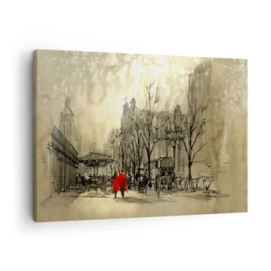 Tablou pe pânză Canvas - O figură roșie într-un decor urban nostalgic - 70x50cm - O întâlnire în ceața londoneză  - Decorațiune modernă pentru perete pentru living și dormitor ARTTOR