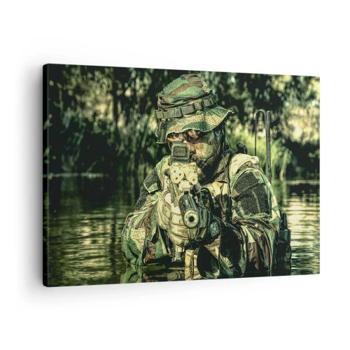 Tablou pe pânză Canvas - Un soldat în camuflaj țintește prin apă. - 70x50cm - Cel mai bun dintre cei mai buni - Decorațiune modernă pentru perete pentru living și dormitor ARTTOR