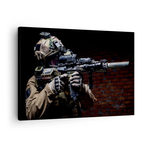 Tablou pe pânză Canvas - Un soldat în echipament complet cu o pușcă - 70x50cm - Eficient mortal - Decorațiune modernă pentru perete pentru living și dormitor ARTTOR