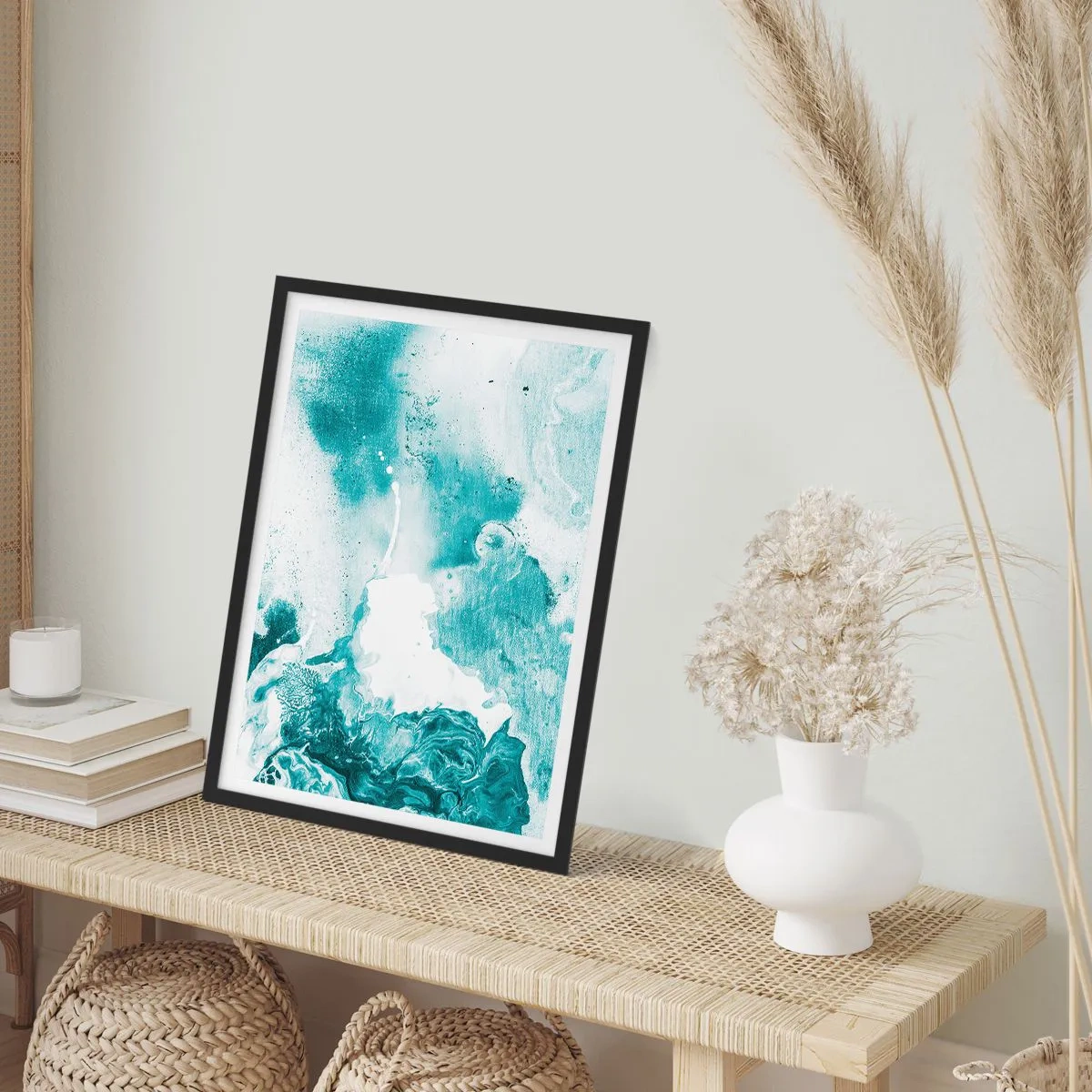 Poster în ramă neagră - Abstracție turcoaz cu detalii dinamice - 50x70cm - Câmpii inundabile de albastru - Decorațiune modernă pentru perete pentru living și dormitor ARTTOR