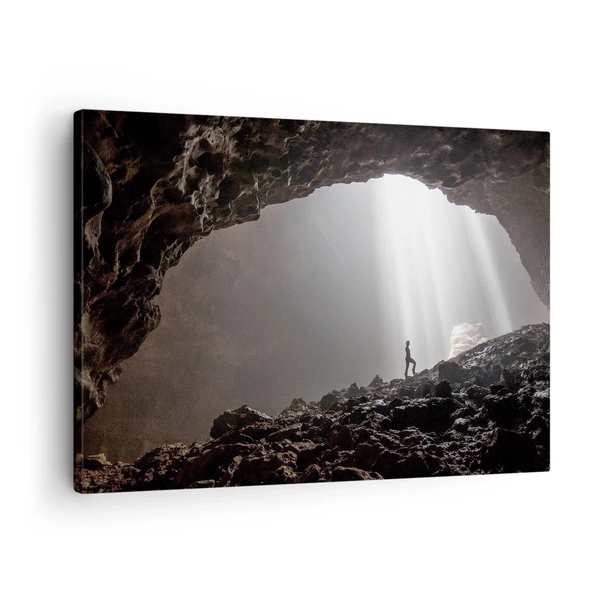 Tablou pe pânză Canvas - figură într-o peșteră iluminată de raze de lumină - 70x50cm - Grota luminoasă - Decorațiune modernă pentru perete pentru living și dormitor ARTTOR