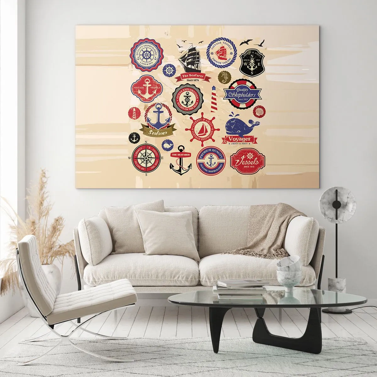 Tablou pe sticlă - Embleme și simboluri nautice pe fundal bej - 70x50cm - Frăția navigării - Decorațiune modernă pentru perete pentru living și dormitor ARTTOR