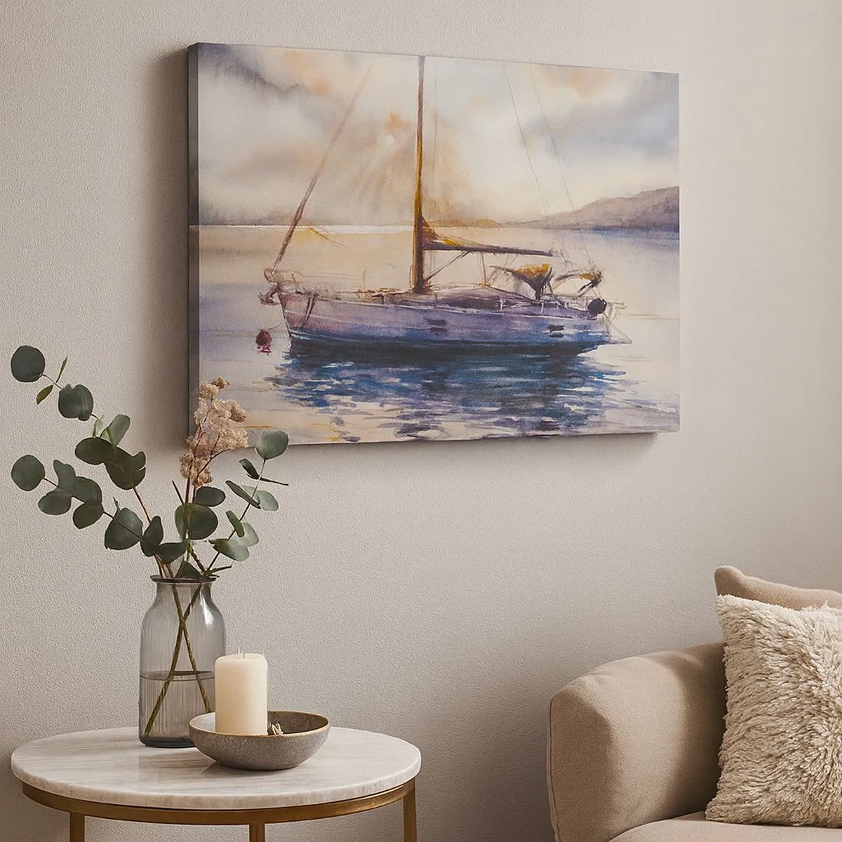Tablou pe pânză Canvas - Un iaht pe o mare calmă la apus - 70x50cm - O seară în golf - Decorațiune modernă pentru perete pentru living și dormitor ARTTOR