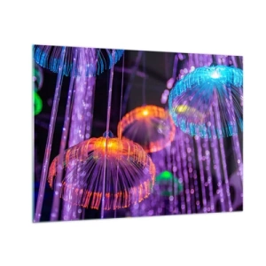 Tablou pe sticlă - Structuri luminoase colorate care seamănă cu meduze - 70x50cm - Fântână de lumină - Decorațiune modernă pentru perete pentru living și dormitor ARTTOR