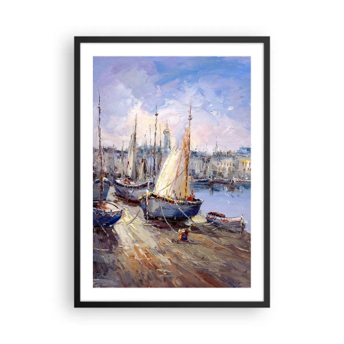 Poster în ramă neagră - Bărci cu pânze într-un port pitoresc luminat de razele soarelui - 50x70cm - Orășel de lângă golf - Decorațiune modernă pentru perete pentru living și dormitor ARTTOR