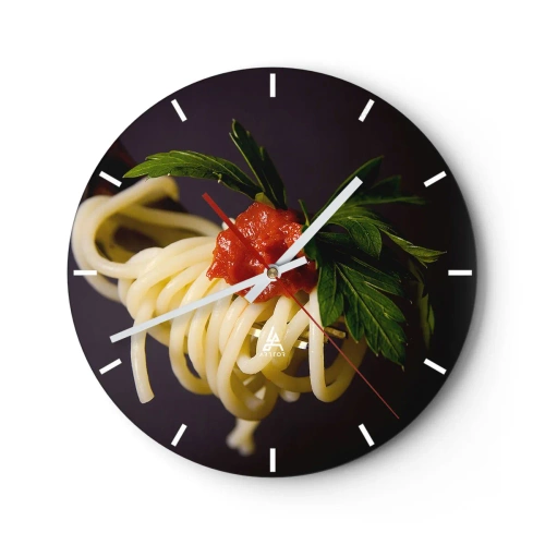Ceas de perete - Ceas pe sticlă - Spaghete cu sos de roșii și ierburi aromatice - 30x30cm - Mușcătură gustoasă - Decorațiune modernă pentru perete pentru living, bucătărie și dormitor ARTTOR