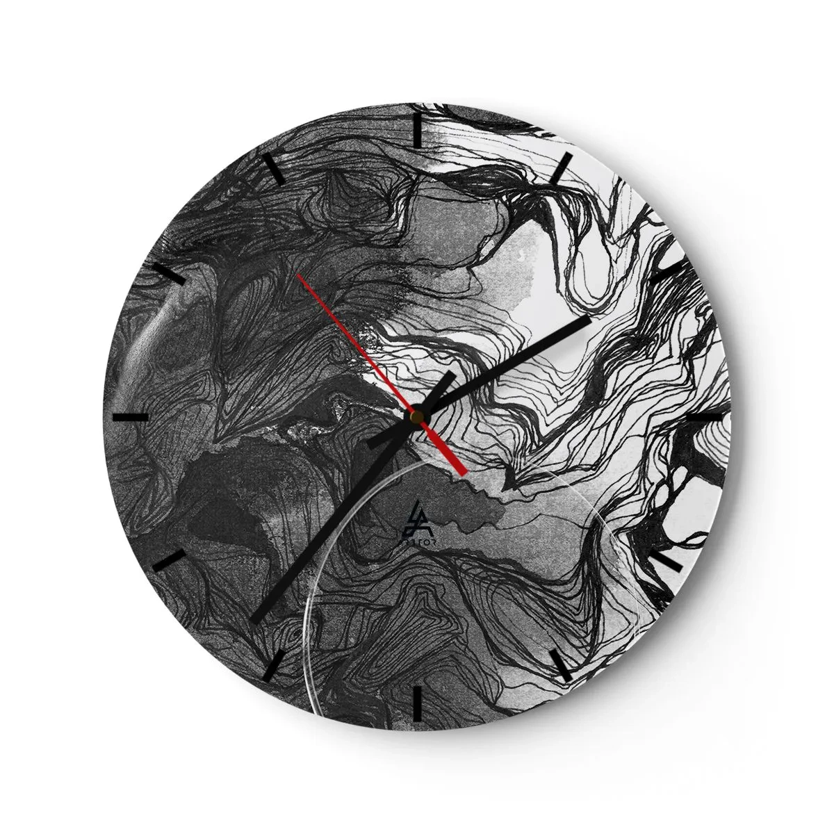 Ceas de perete - Ceas pe sticlă - Abstracție alb-negru cu linii curgătoare și textură - 30x30cm - Încurcată în vise - Decorațiune modernă pentru perete pentru living, bucătărie și dormitor ARTTOR