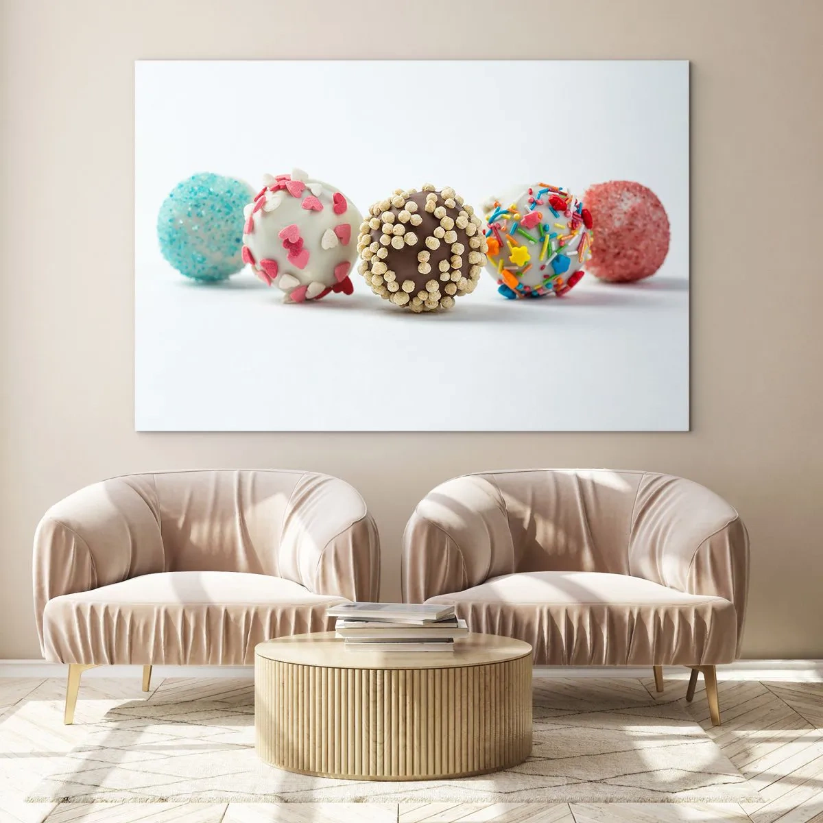 Tablou pe sticlă - Trufe colorate pentru desert cu stropi decorativi - 70x50cm - Viața poate fi dulce - Decorațiune modernă pentru perete pentru living și dormitor ARTTOR