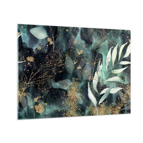 Tablou pe sticlă - Frunze aurii și verzi pe un fundal întunecat - 70x50cm - Grădina fermecată - Decorațiune modernă pentru perete pentru living și dormitor ARTTOR