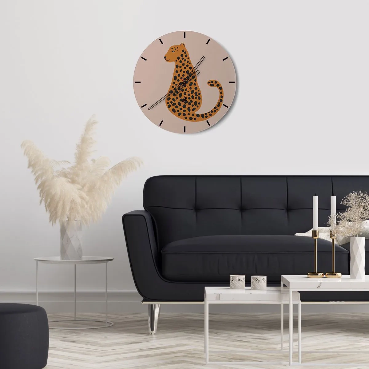 Ceas de perete - Ceas pe sticlă - Panteră stilizată pe fundal bej - 30x30cm - Modelul leopard este tot timpul la modă - Decorațiune modernă pentru perete pentru living, bucătărie și dormitor ARTTOR