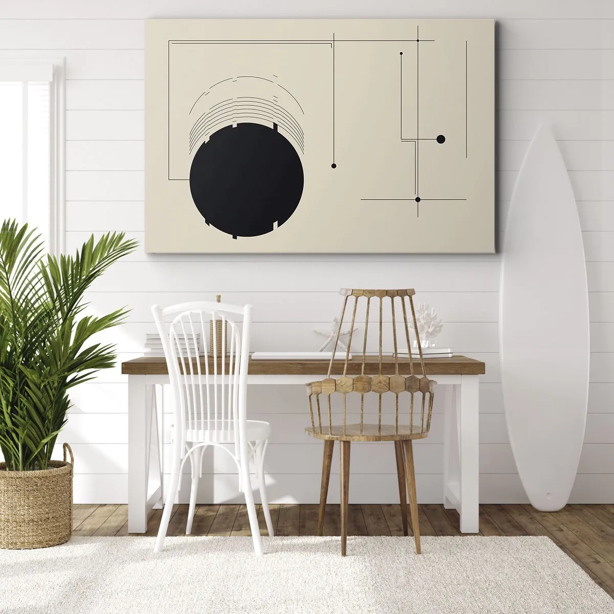 Tablou pe pânză Canvas - Linii geometrice negre și un cerc pe un fundal bej - 70x50cm - Compoziție flexibilă și dinamică - Decorațiune modernă pentru perete pentru living și dormitor ARTTOR