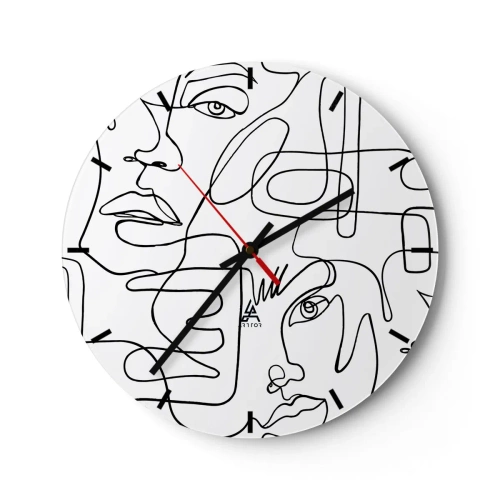 Ceas de perete - Ceas pe sticlă - Schițe de față minimaliste în linii pe fundal alb - 30x30cm - Într-o încurcătură de emoții - Decorațiune modernă pentru perete pentru living, bucătărie și dormitor ARTTOR