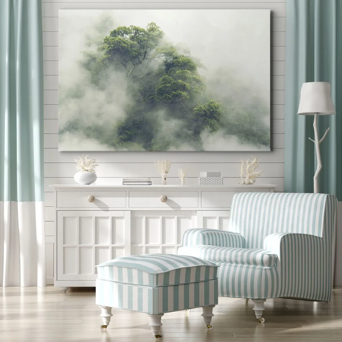 Tablou pe pânză Canvas - Copaci verzi în ceață densă pe un fundal natural - 70x50cm - Înfășurate în ceață - Decorațiune modernă pentru perete pentru living și dormitor ARTTOR