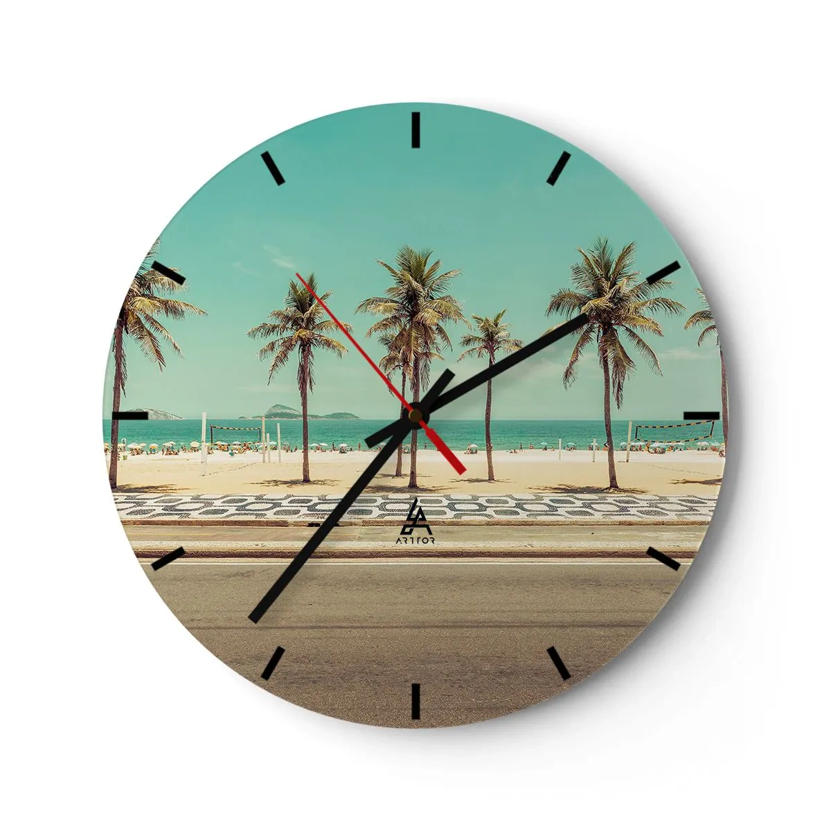Ceas de perete - Ceas pe sticlă - Palmieri și o plajă cu o promenadă lângă marea turcoaz - 30x30cm - La paza plajei - Decorațiune modernă pentru perete pentru living, bucătărie și dormitor ARTTOR