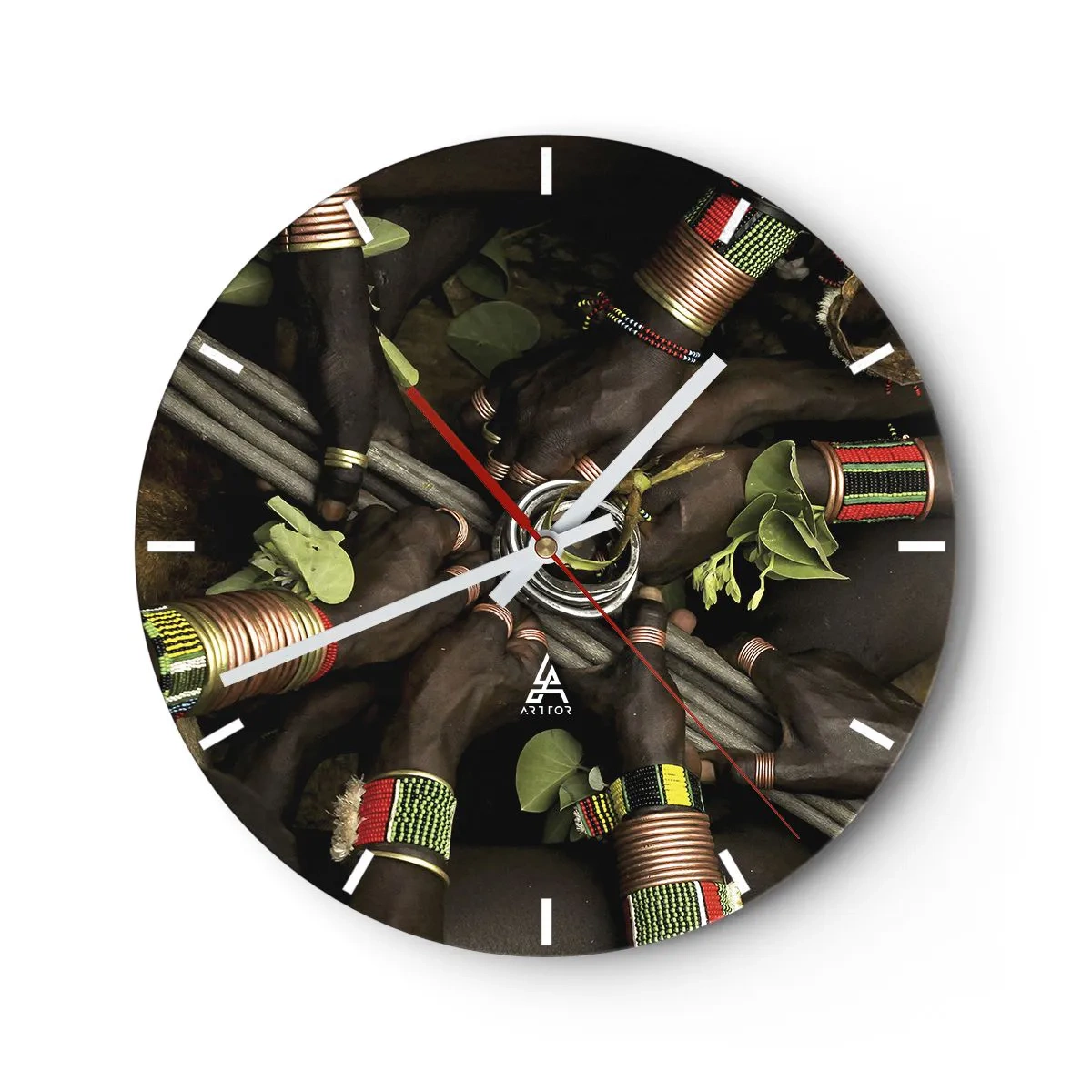 Ceas de perete - Ceas pe sticlă - Brățări și simboluri tribale tradiționale - 30x30cm - Împreună - Decorațiune modernă pentru perete pentru living, bucătărie și dormitor ARTTOR