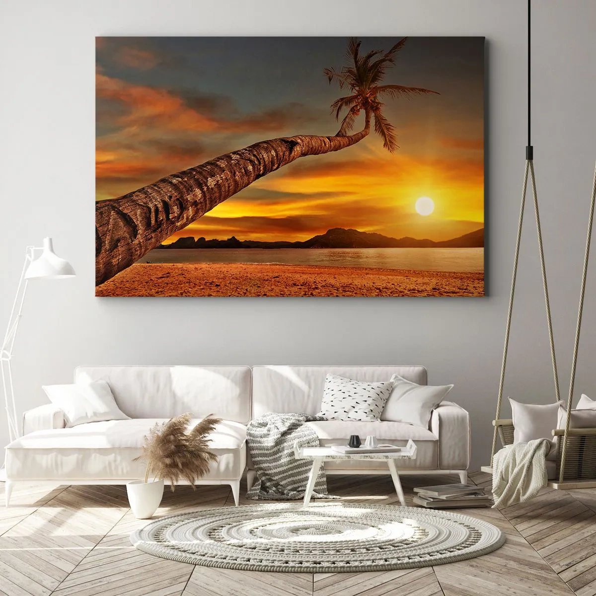 Tablou pe pânză Canvas - Palmier pe plajă la apus cu vedere la mare - 70x50cm - Vacanță exotică, aventură în Caraibe - Decorațiune modernă pentru perete pentru living și dormitor ARTTOR